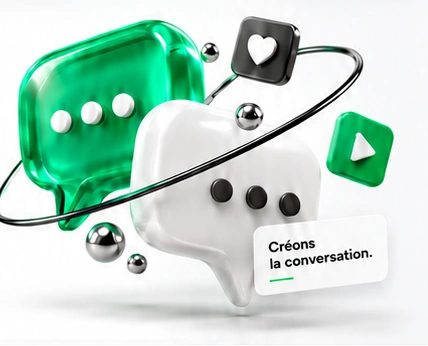 Bulles de conversation en 3D, en verre émeraude et blanc, entourées d’une orbite métallique et de symboles sociaux. Créons la conversation.